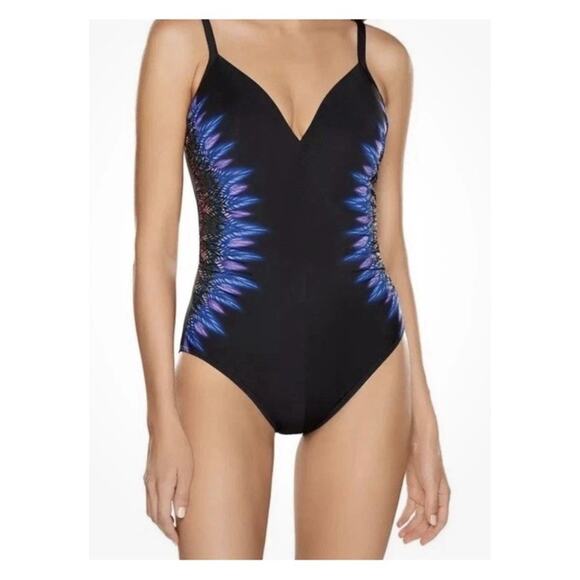 Miraclesuit Temptation Underwire Black One Piece Swimsuit‎ Sz 8 Side Ruching NWT